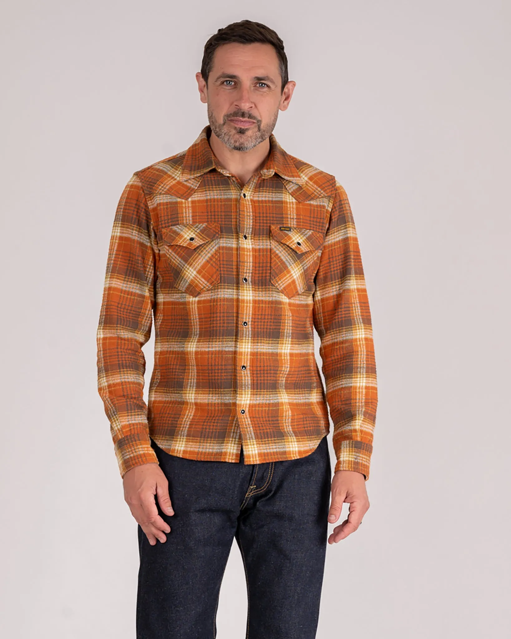 12oz Slubby Heavy Flannel Check Western Shirt - Orange