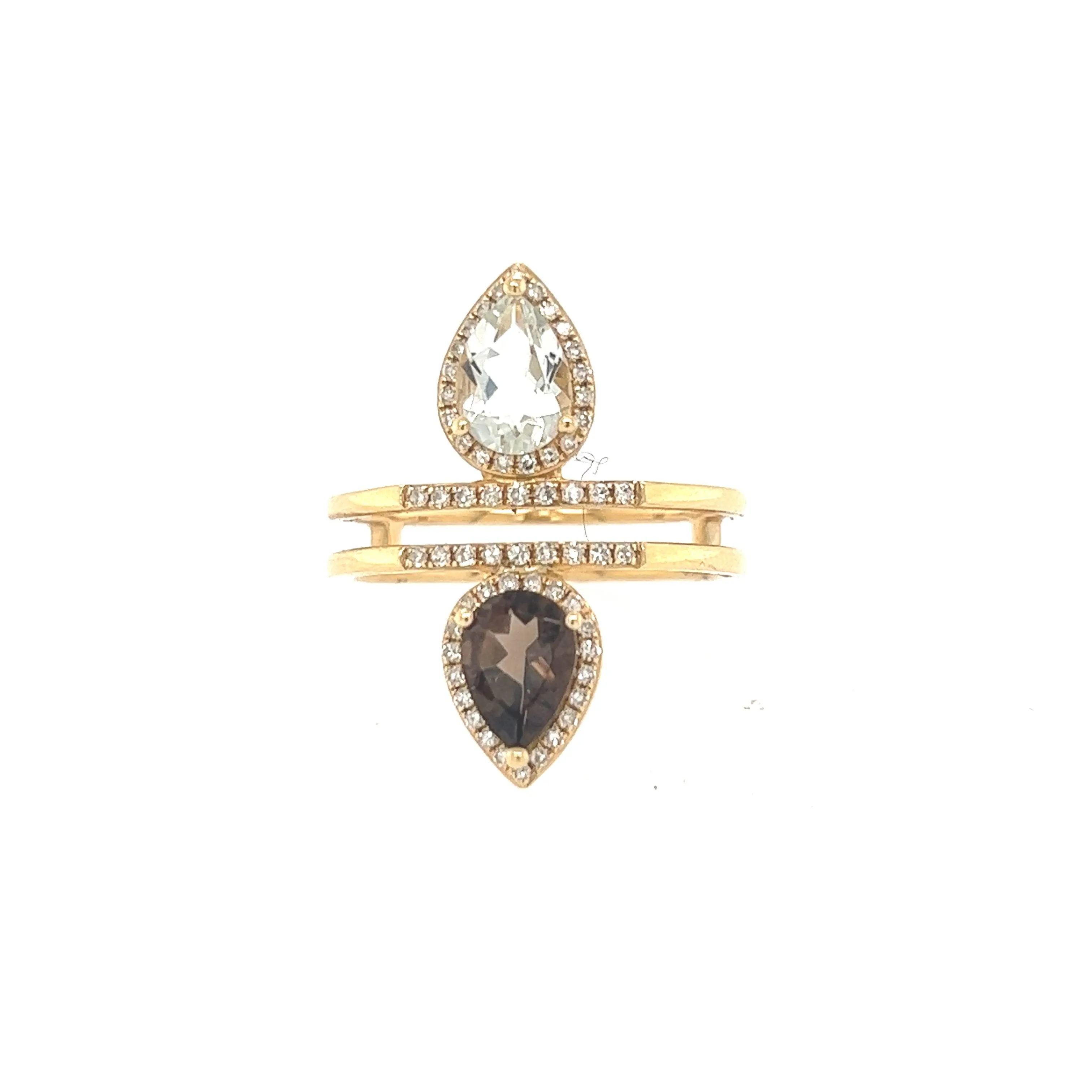 14K Yellow Gold Smokey Topaz, Green Amethyst And Diamond Ring Size 6 1/4 US