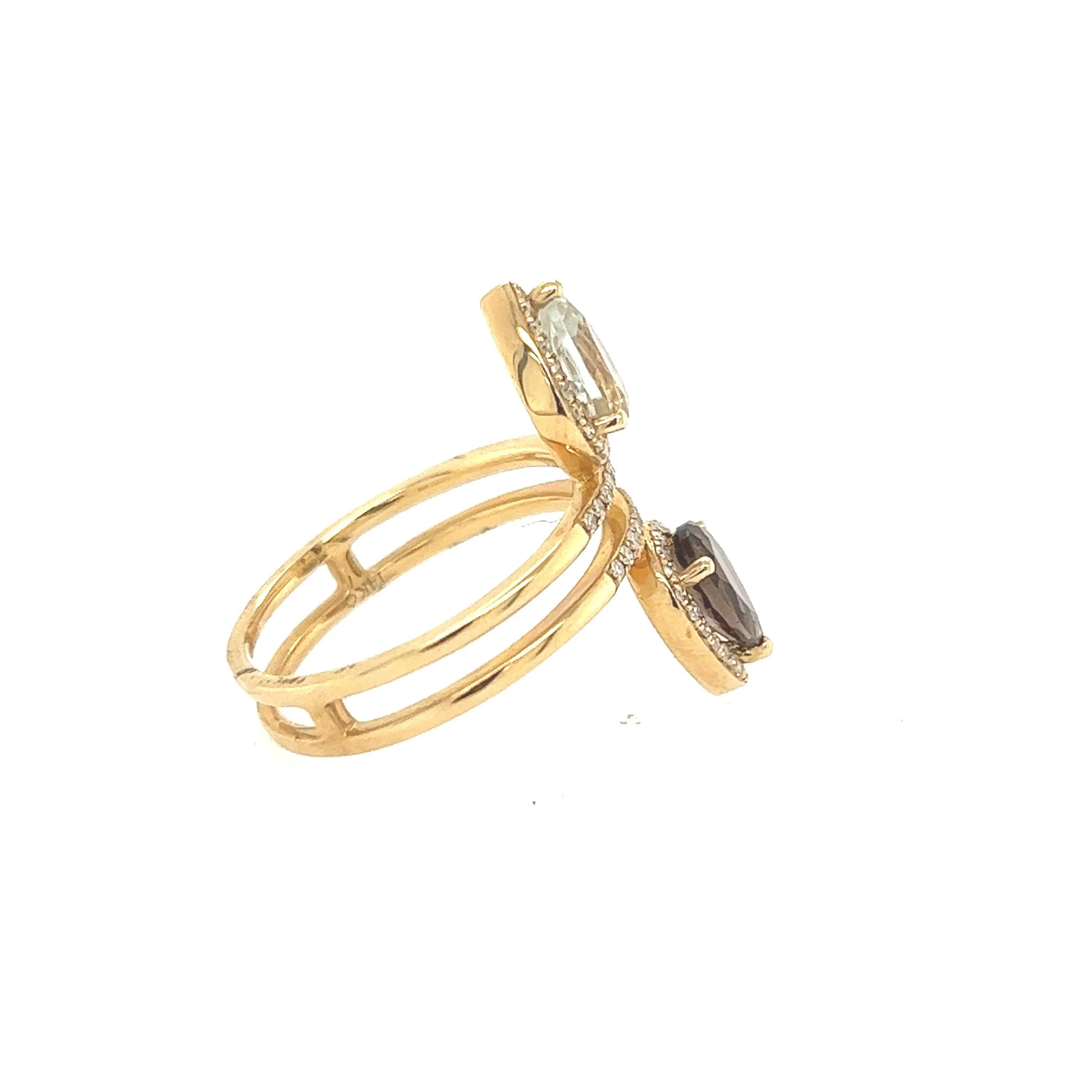 14K Yellow Gold Smokey Topaz, Green Amethyst And Diamond Ring Size 6 1/4 US