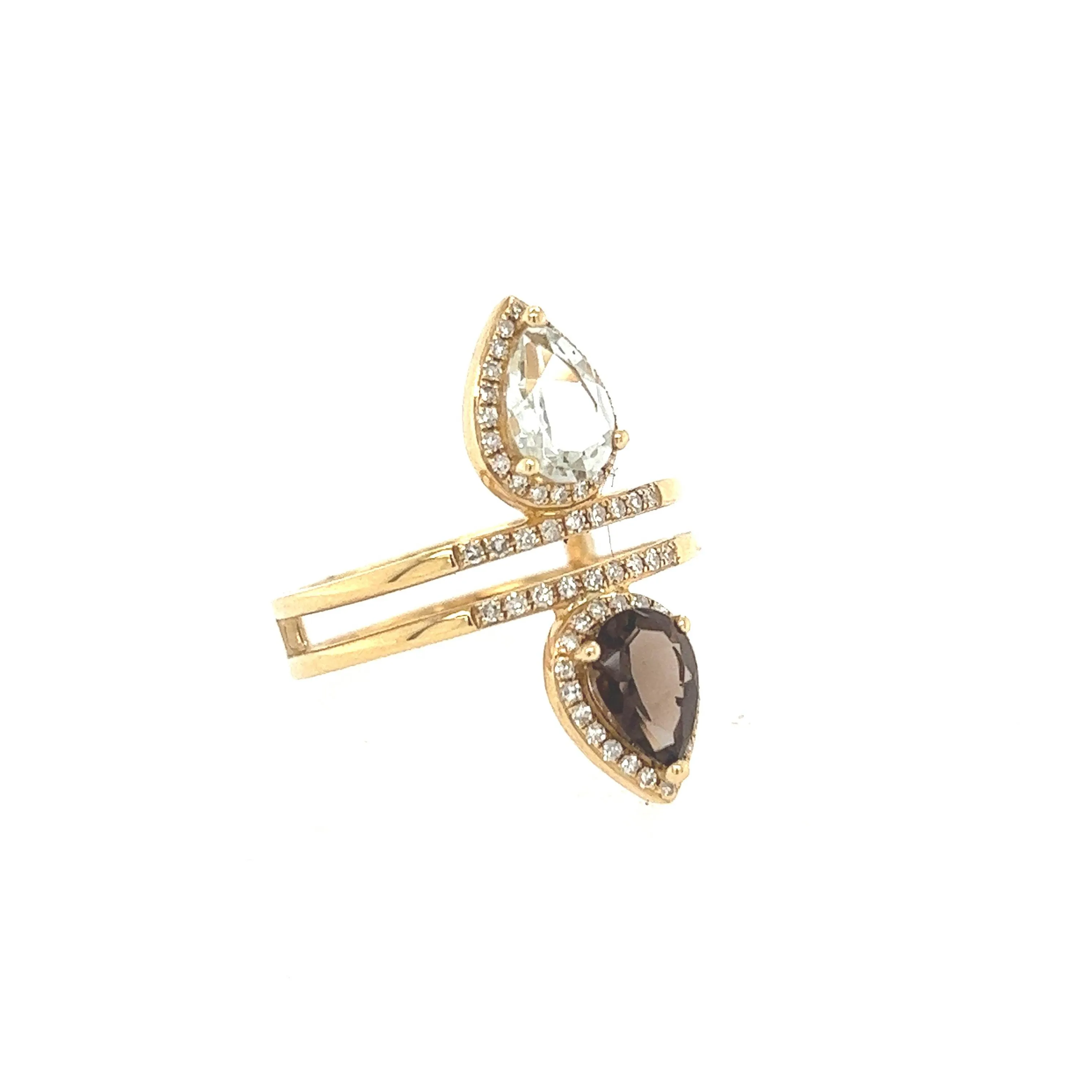 14K Yellow Gold Smokey Topaz, Green Amethyst And Diamond Ring Size 6 1/4 US