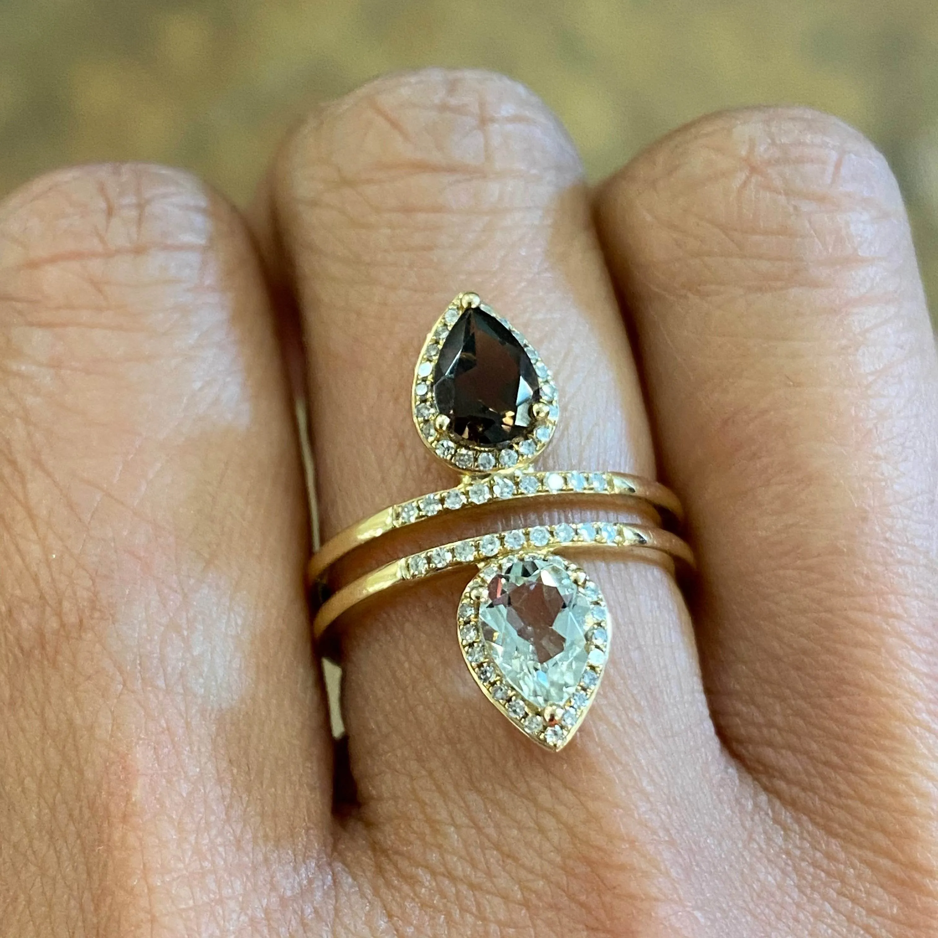 14K Yellow Gold Smokey Topaz, Green Amethyst And Diamond Ring Size 6 1/4 US