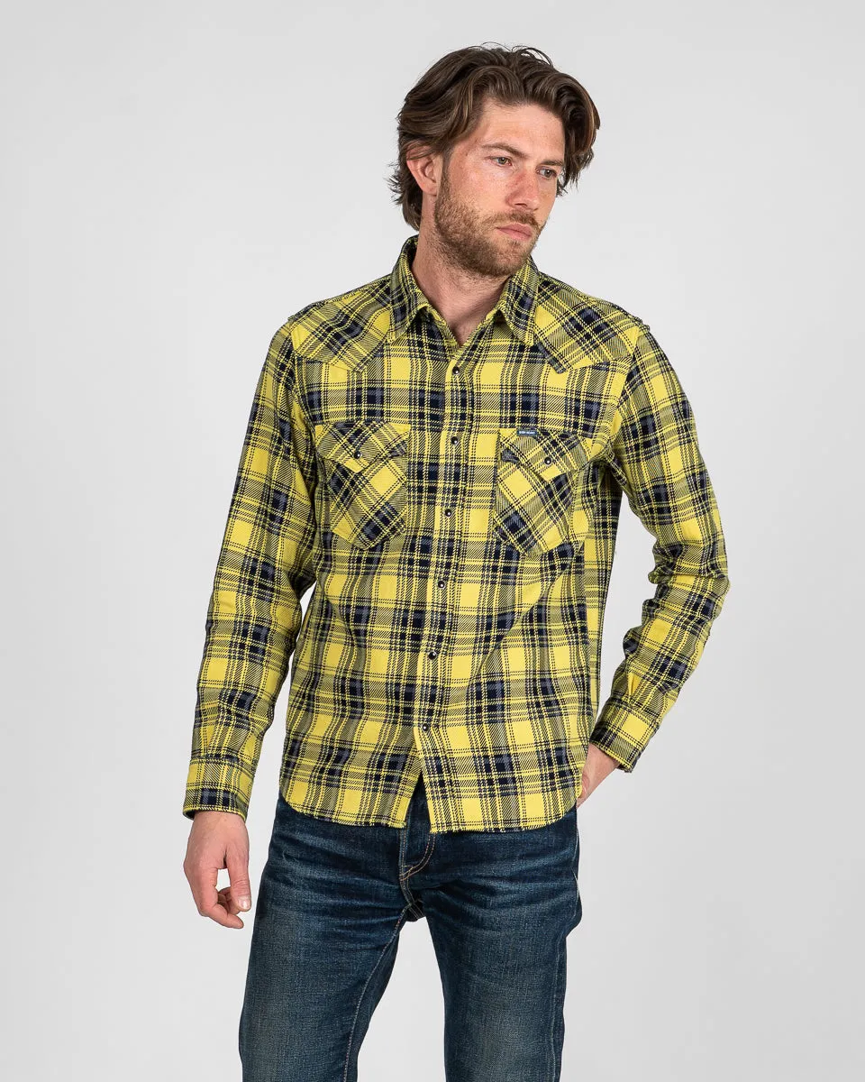 9oz Selvedge Indigo Check Flannel Western Shirt - Yellow