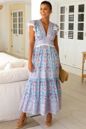 Aspiga Pippa Blue Floral Print Tiered Maxi Dress