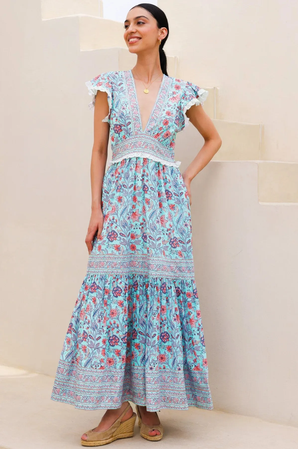 Aspiga Pippa Blue Floral Print Tiered Maxi Dress