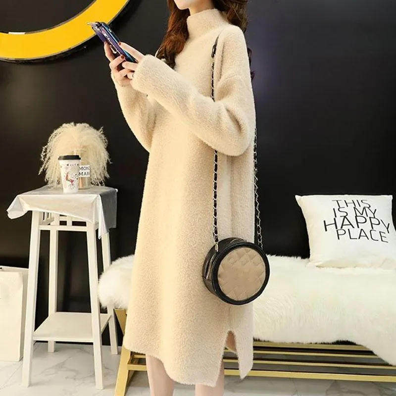 Autumn and Winter Imitation Mink Velvet Sweater Skirt Women Long Section Over The Knee Lazy Wind Half High Neck Bottoming Dress Women