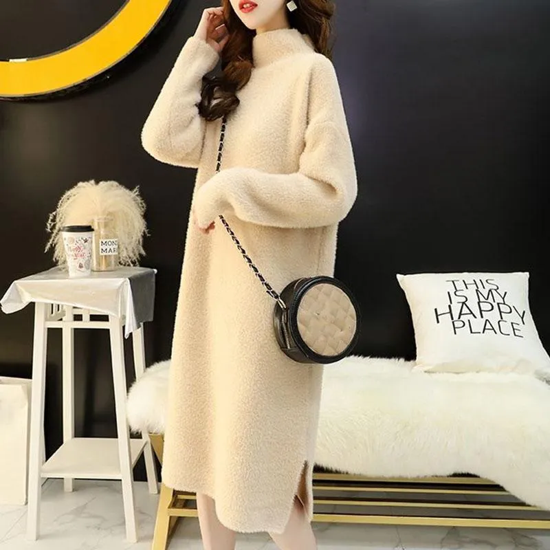 Autumn and Winter Imitation Mink Velvet Sweater Skirt Women Long Section Over The Knee Lazy Wind Half High Neck Bottoming Dress Women