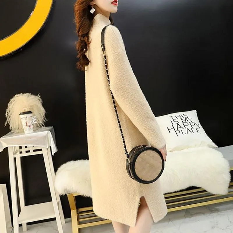 Autumn and Winter Imitation Mink Velvet Sweater Skirt Women Long Section Over The Knee Lazy Wind Half High Neck Bottoming Dress Women
