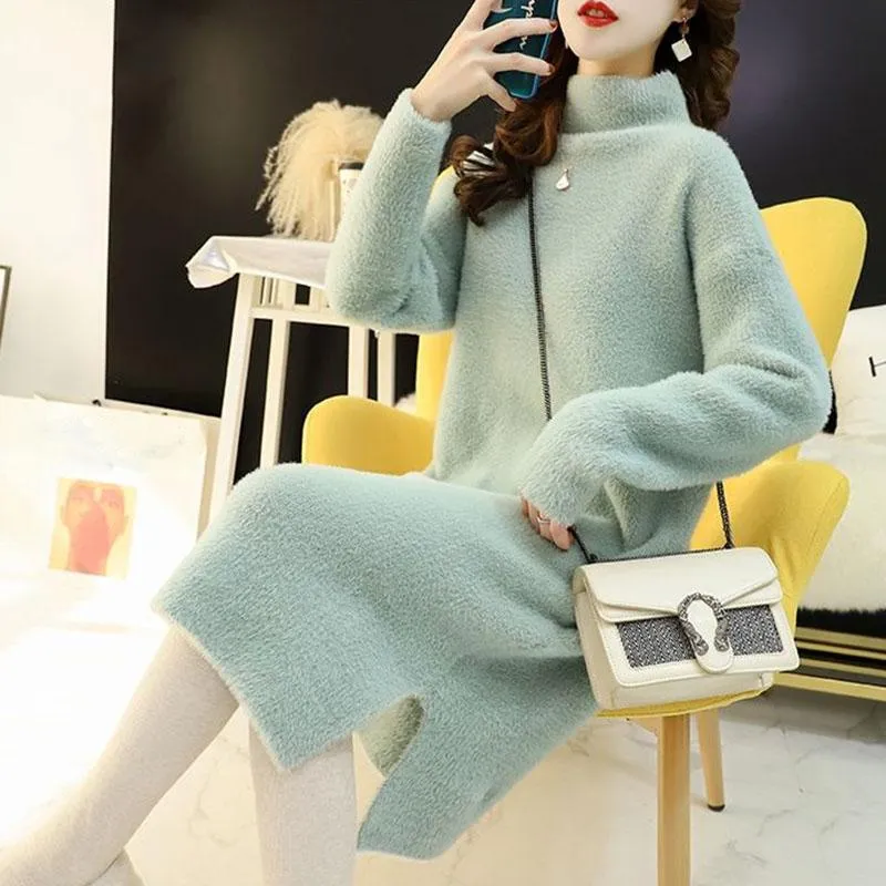 Autumn and Winter Imitation Mink Velvet Sweater Skirt Women Long Section Over The Knee Lazy Wind Half High Neck Bottoming Dress Women