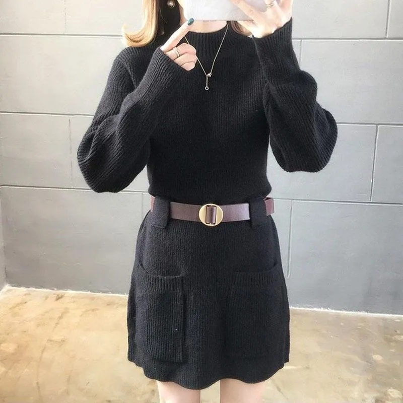 Autumn and Winter Mid-length Jacket Fashion Loose Casual Bottoming Shirt Knitted Solid Color Dress