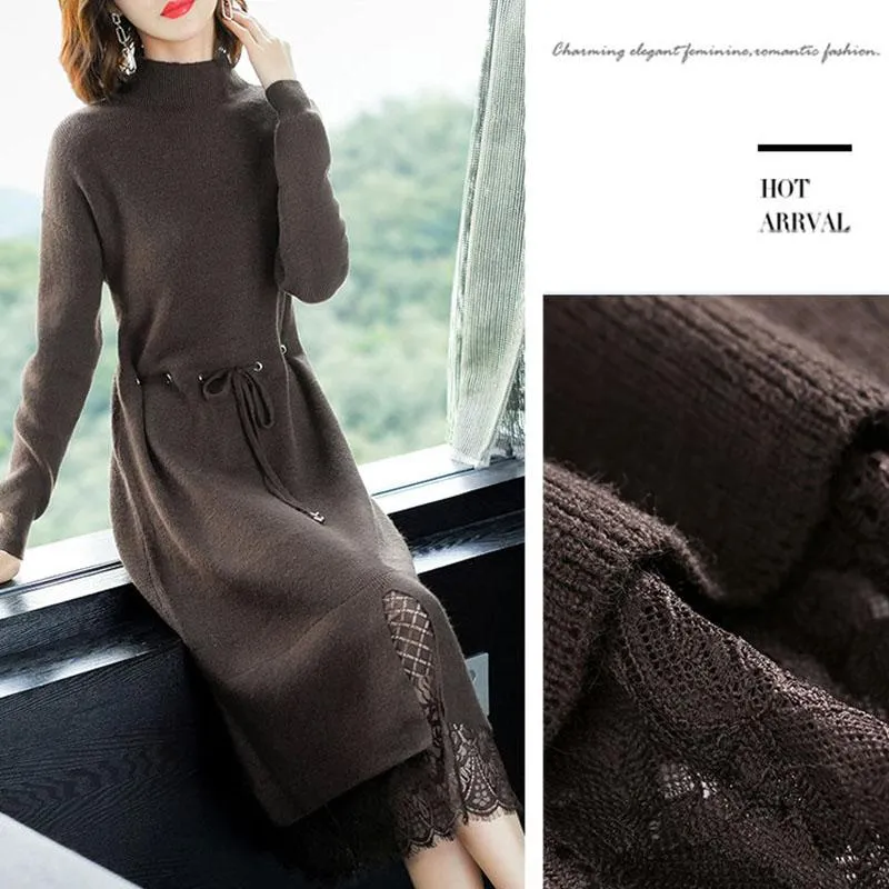 Autumn and Winter Mid-length Knitted Dress Fashion Over-the-knee Solid Color Base Skirt Waist Lace Trim Women's Sweater Skirt