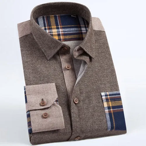Autumn Young Mens Long Sleeve 100% Cotton Flannel Shirts Patchwork Collar Classic-fit Comfort Soft Button-Down Casual Shirt