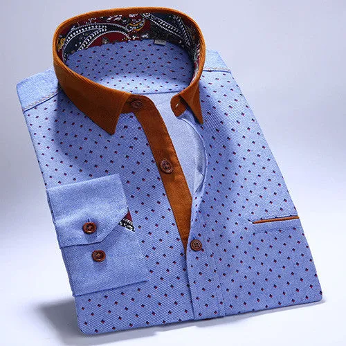 Autumn Young Mens Long Sleeve 100% Cotton Flannel Shirts Patchwork Collar Classic-fit Comfort Soft Button-Down Casual Shirt