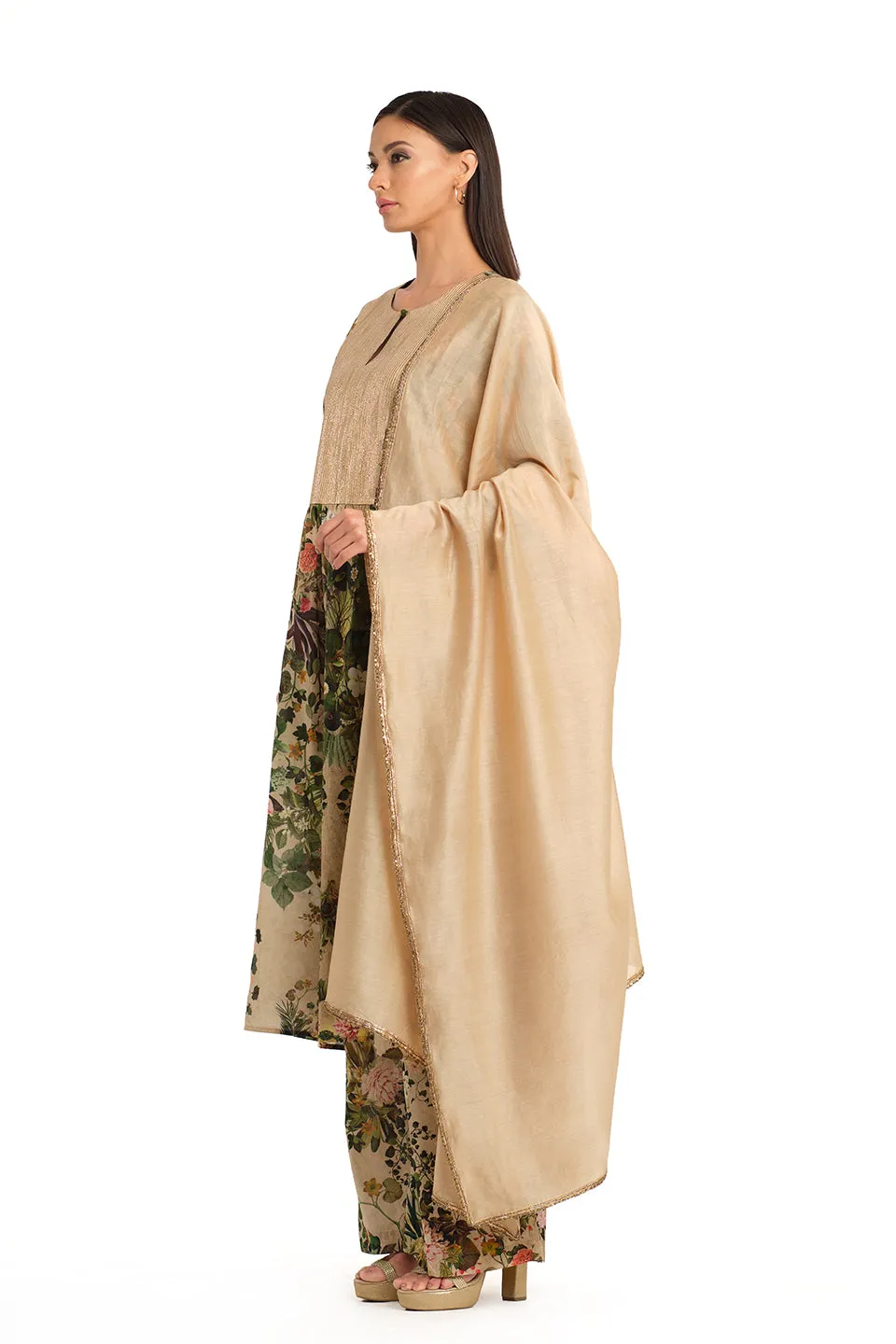 Beige printed mul tunic set