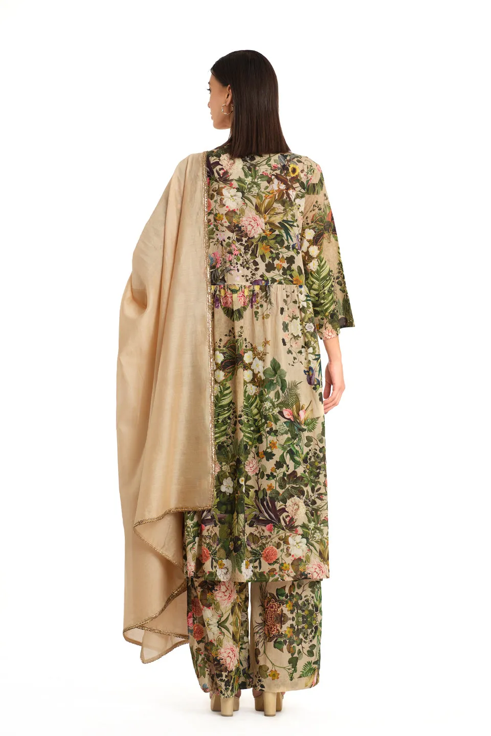 Beige printed mul tunic set