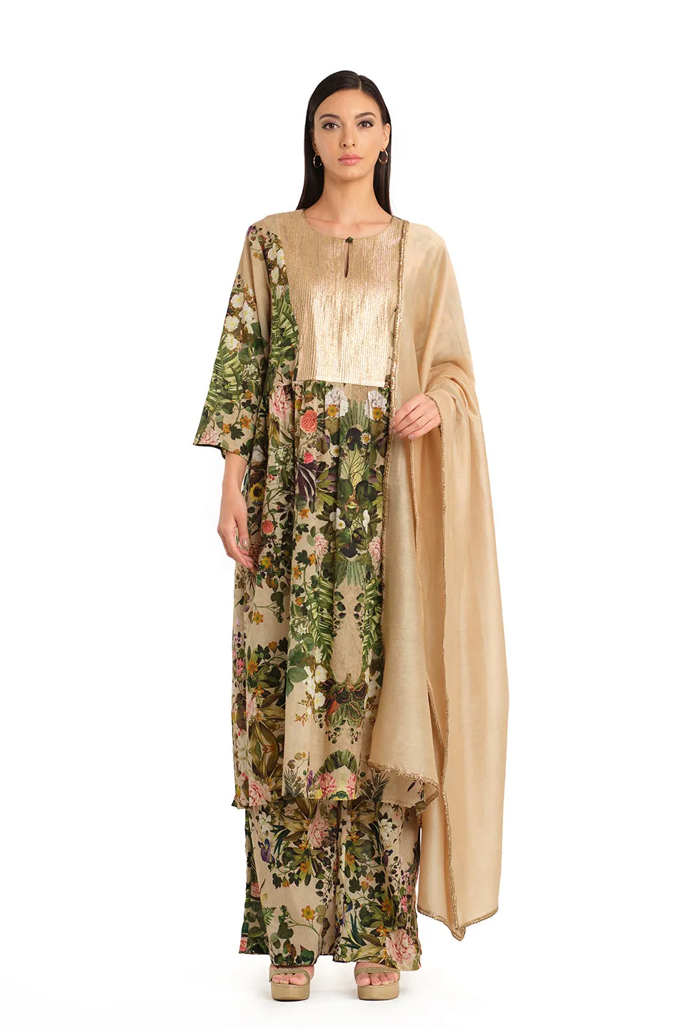 Beige printed mul tunic set