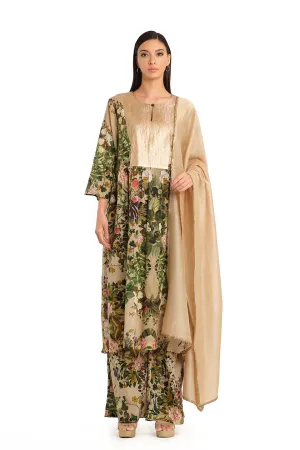 Beige printed mul tunic set