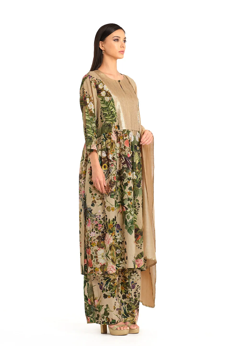 Beige printed mul tunic set