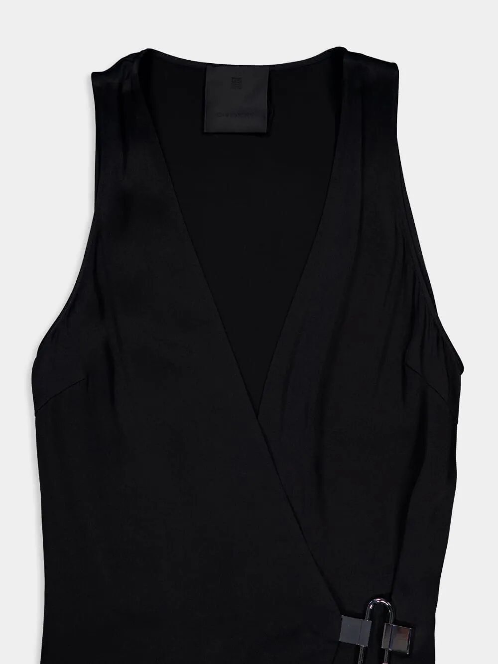 Black Crepe Satin Wrap Midi Dress