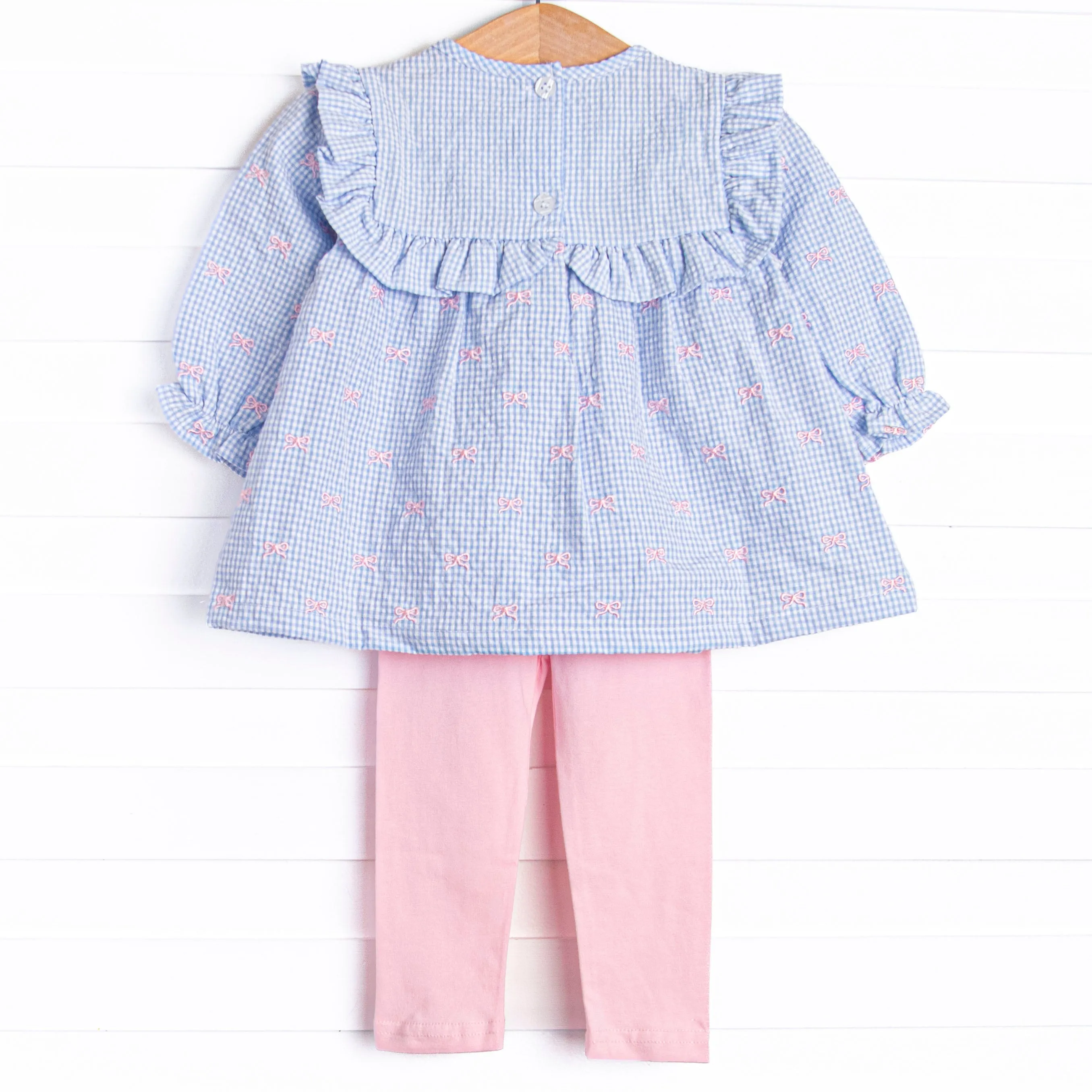Brooksy Bows Embroidered Legging Set, Blue Gingham