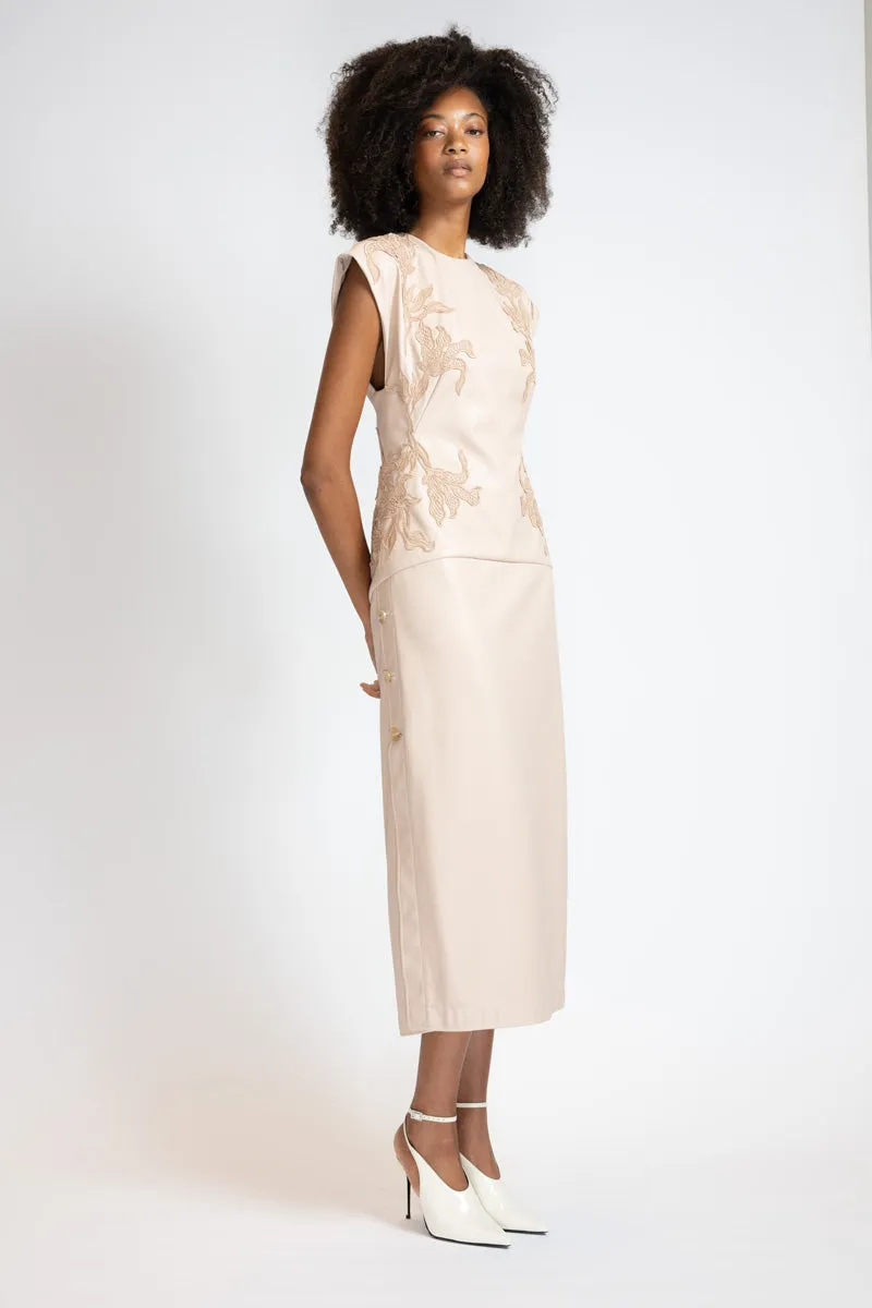 Buff Vegan Leather Sheath Dress with Nomad Lace Appliqué and Open Back