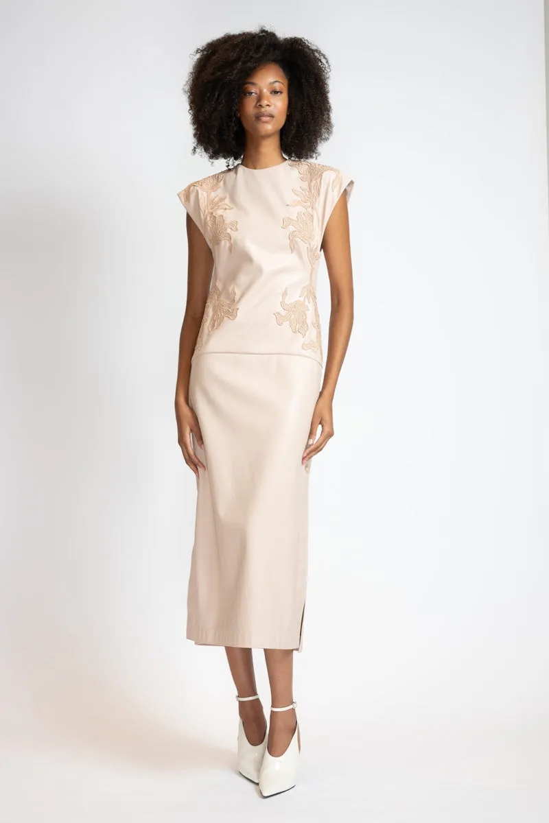 Buff Vegan Leather Sheath Dress with Nomad Lace Appliqué and Open Back
