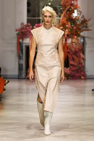 Buff Vegan Leather Sheath Dress with Nomad Lace Appliqué and Open Back