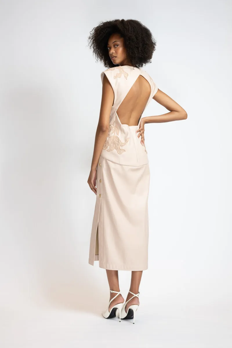 Buff Vegan Leather Sheath Dress with Nomad Lace Appliqué and Open Back