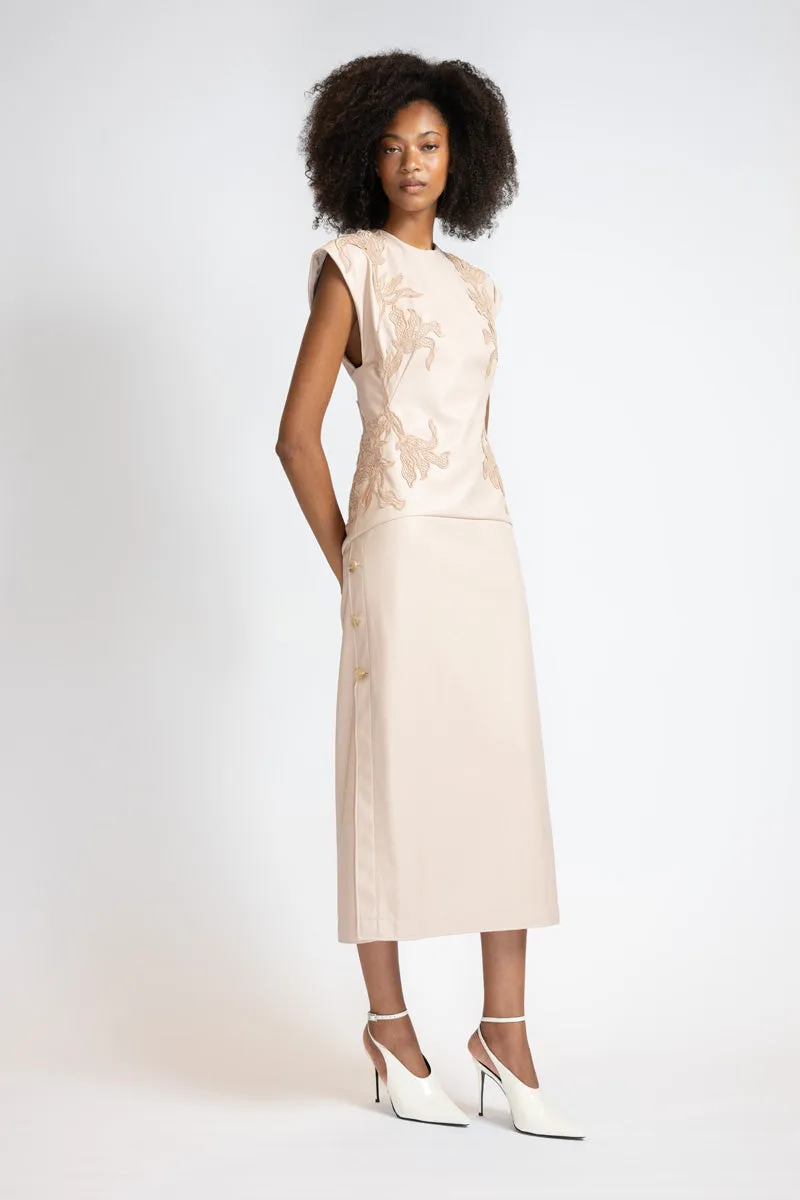 Buff Vegan Leather Sheath Dress with Nomad Lace Appliqué and Open Back