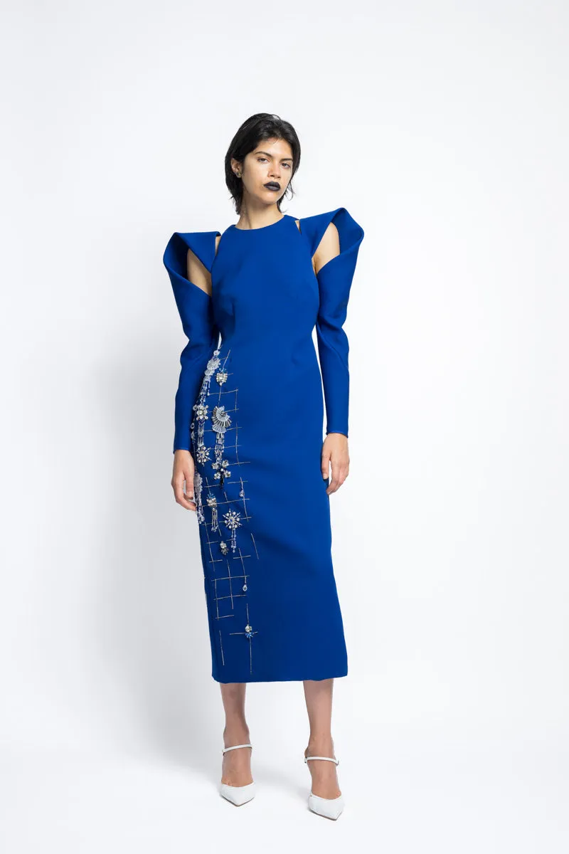 Cady Sheath Cocktail Dress With Morning Glory Lattice Embroidery And Draped Sleeves