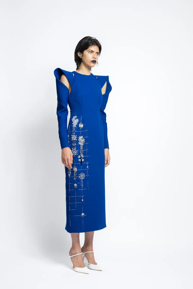 Cady Sheath Cocktail Dress With Morning Glory Lattice Embroidery And Draped Sleeves