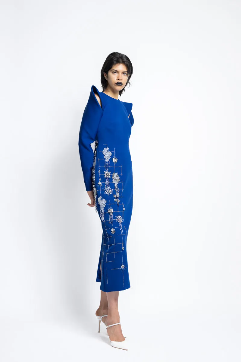 Cady Sheath Cocktail Dress With Morning Glory Lattice Embroidery And Draped Sleeves