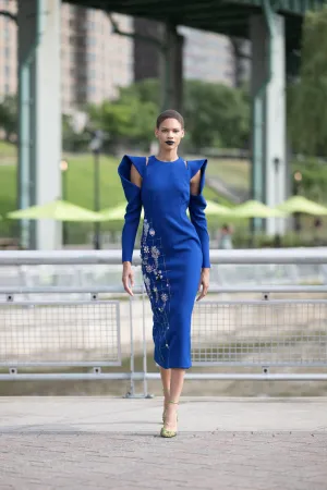 Cady Sheath Cocktail Dress With Morning Glory Lattice Embroidery And Draped Sleeves