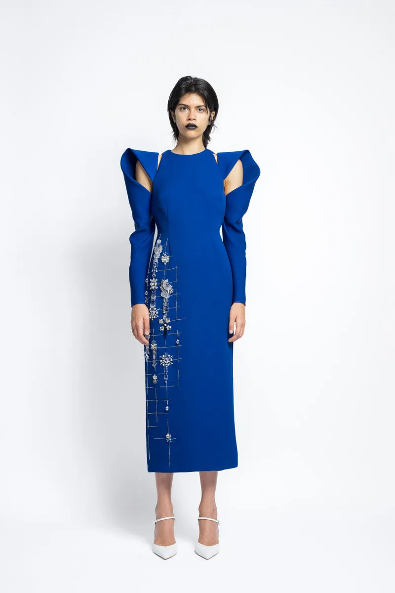 Cady Sheath Cocktail Dress With Morning Glory Lattice Embroidery And Draped Sleeves