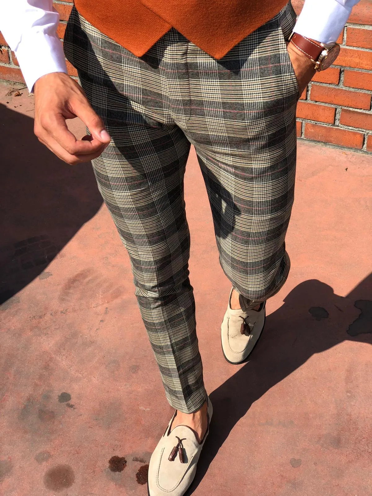 Carlos Slim-fit Plaid Fabric Pants - Camel