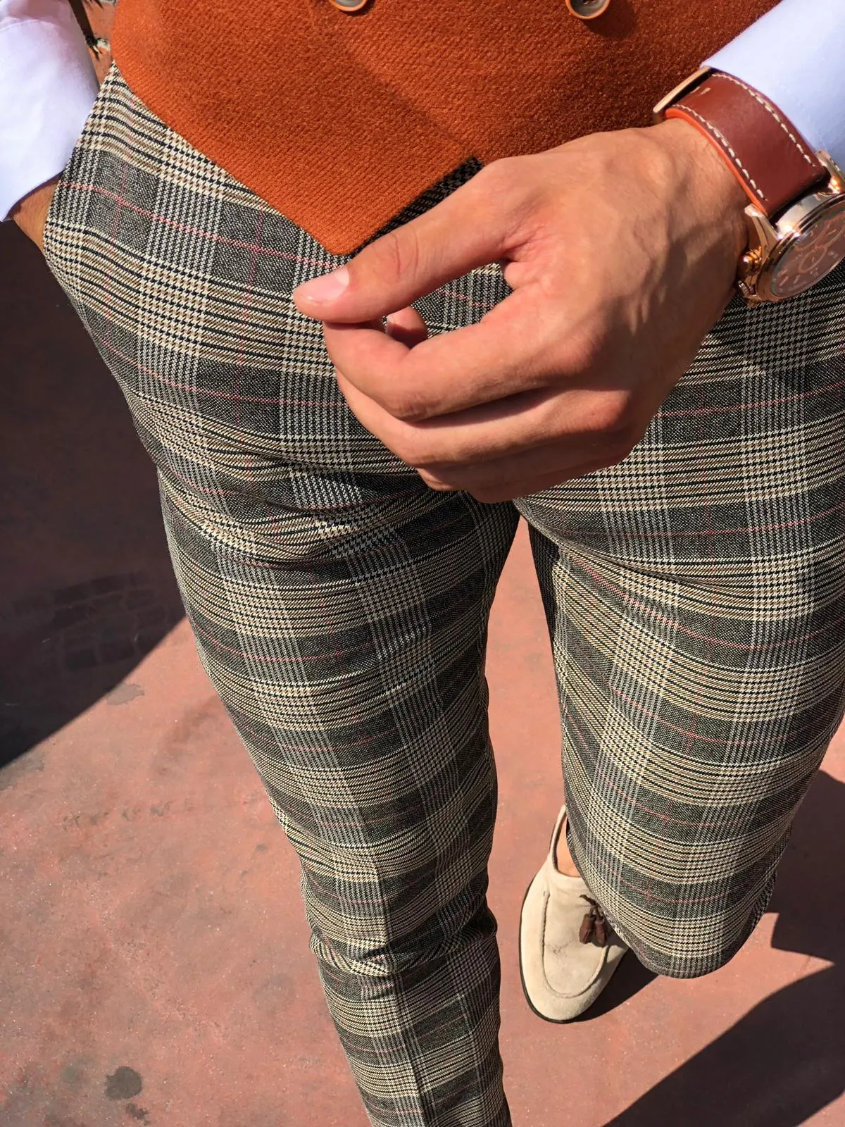 Carlos Slim-fit Plaid Fabric Pants - Camel