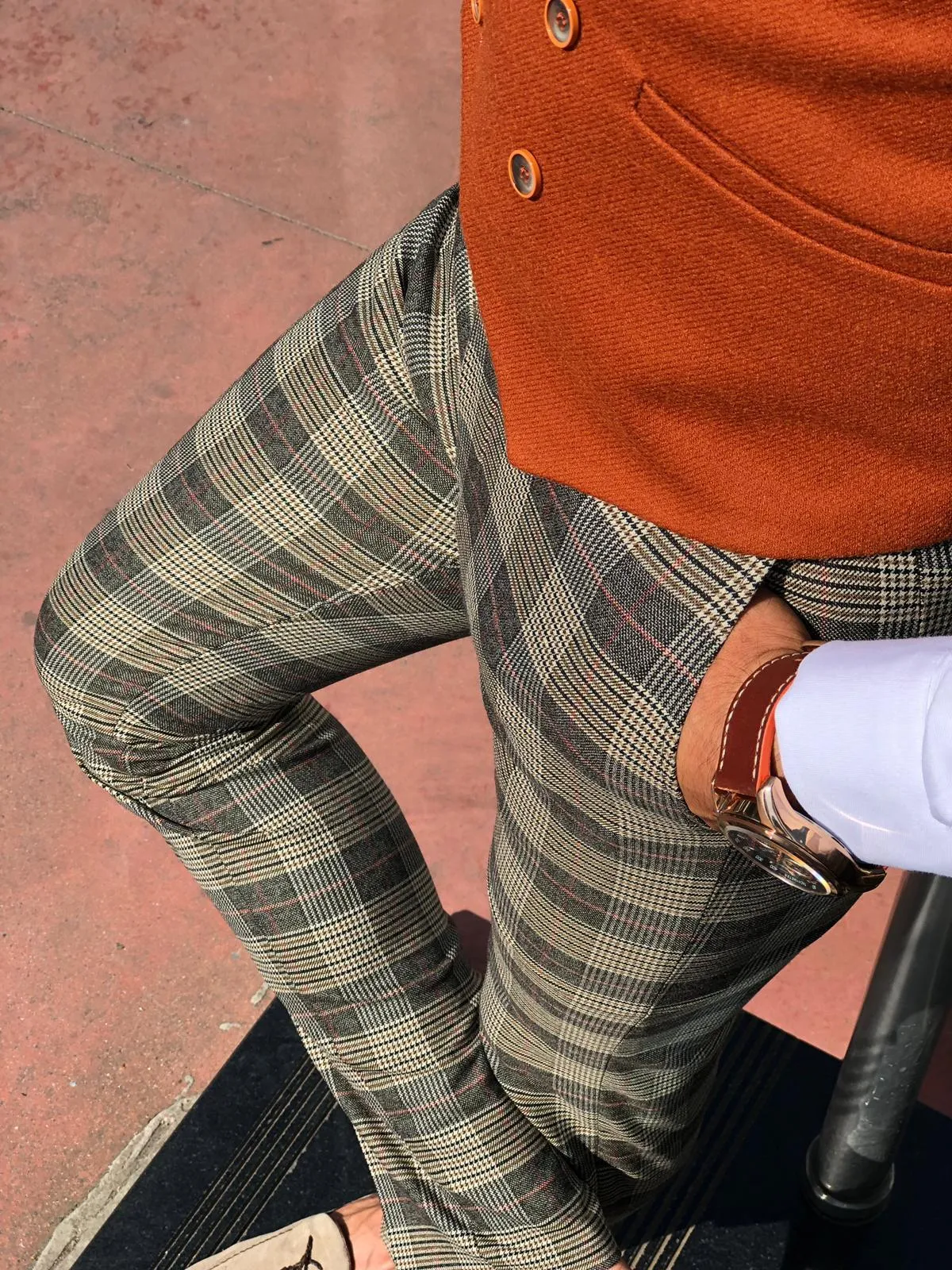 Carlos Slim-fit Plaid Fabric Pants - Camel