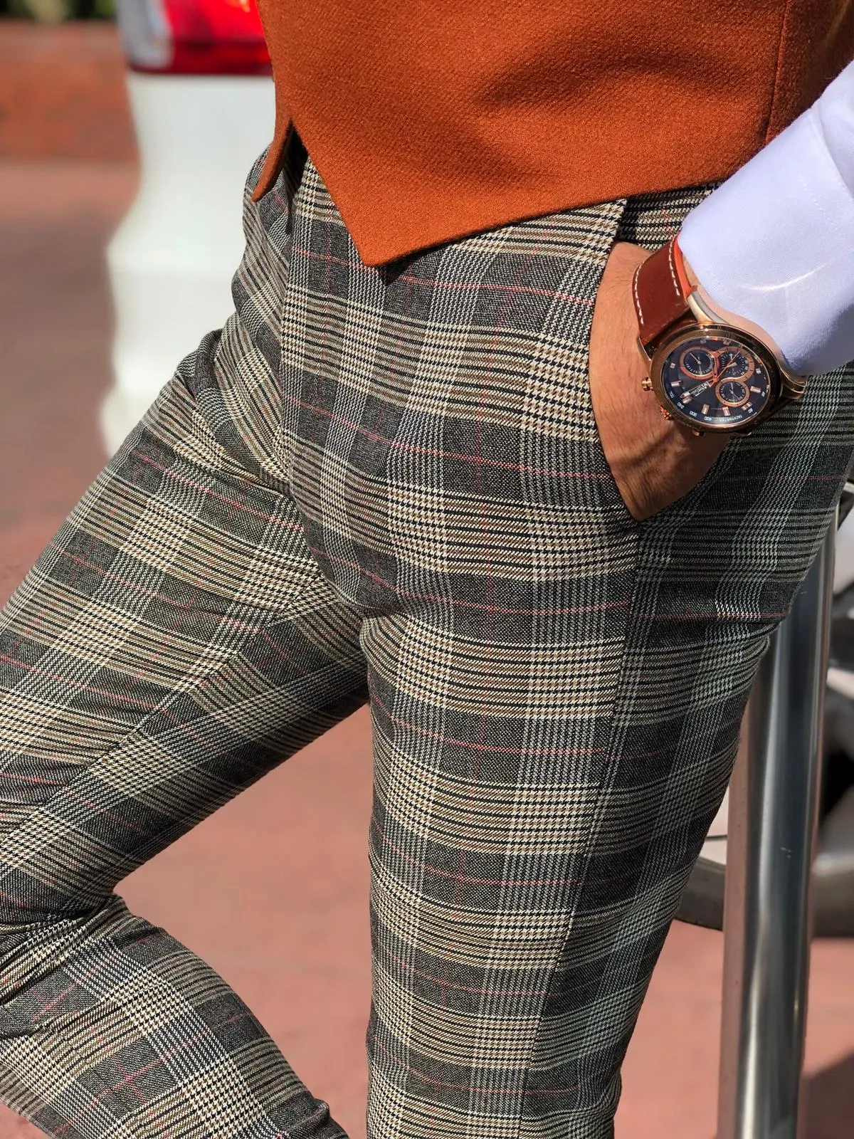 Carlos Slim-fit Plaid Fabric Pants - Camel