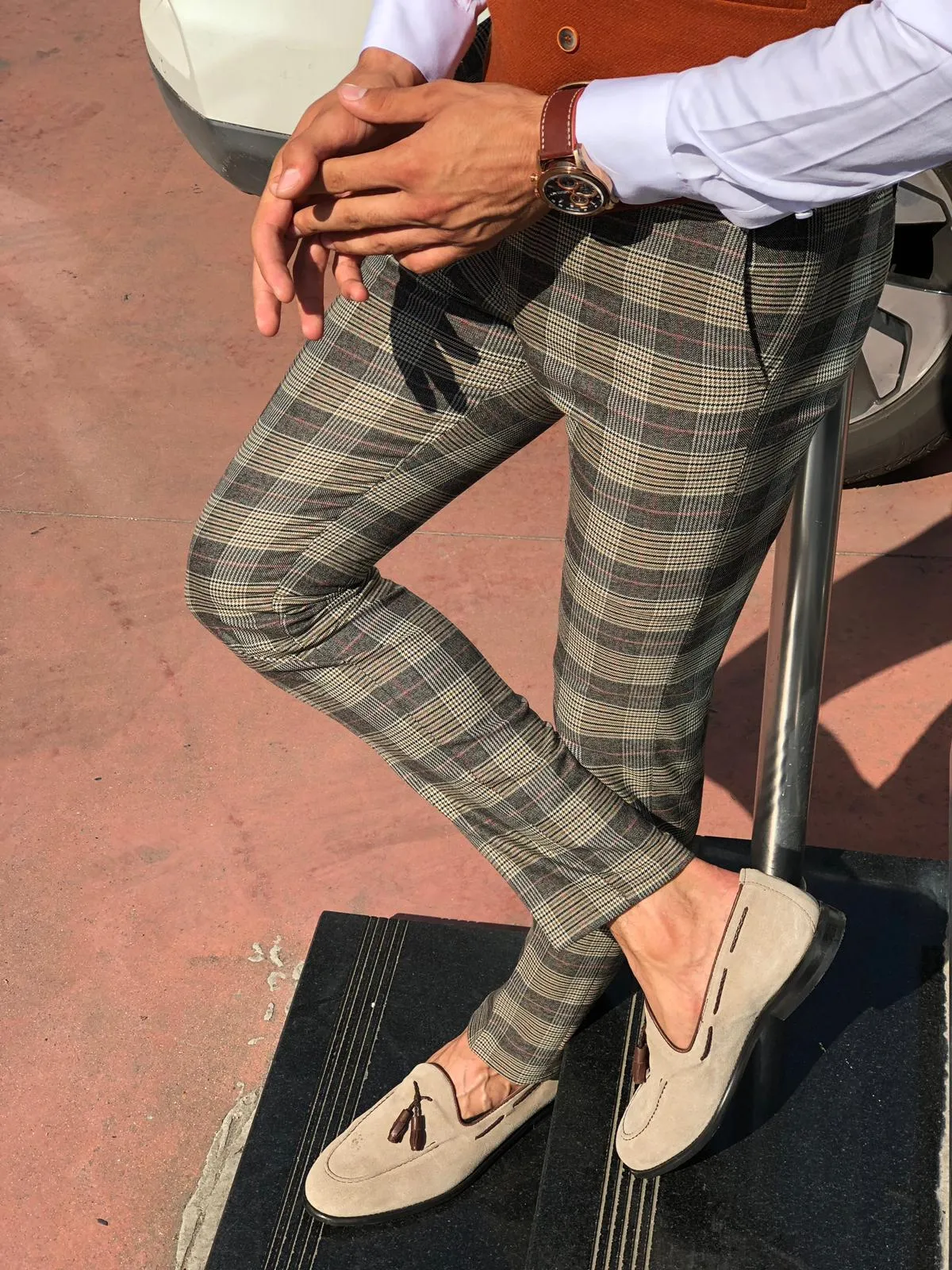 Carlos Slim-fit Plaid Fabric Pants - Camel
