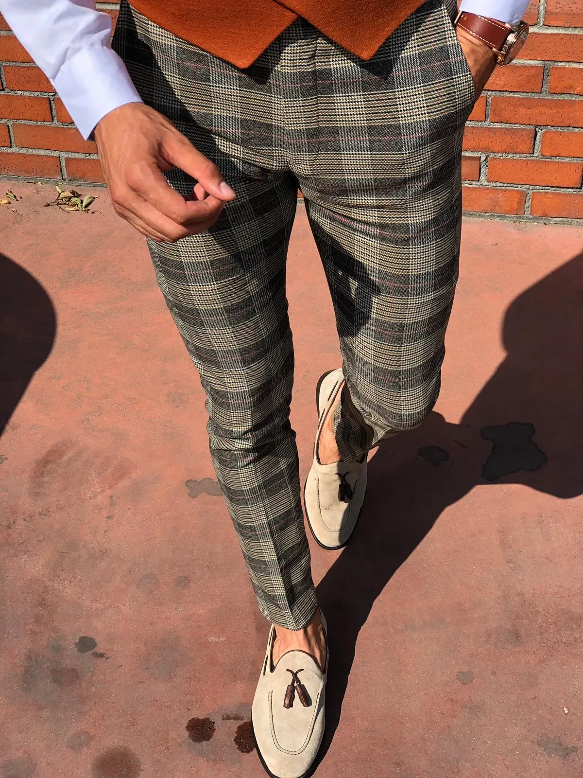 Carlos Slim-fit Plaid Fabric Pants - Camel