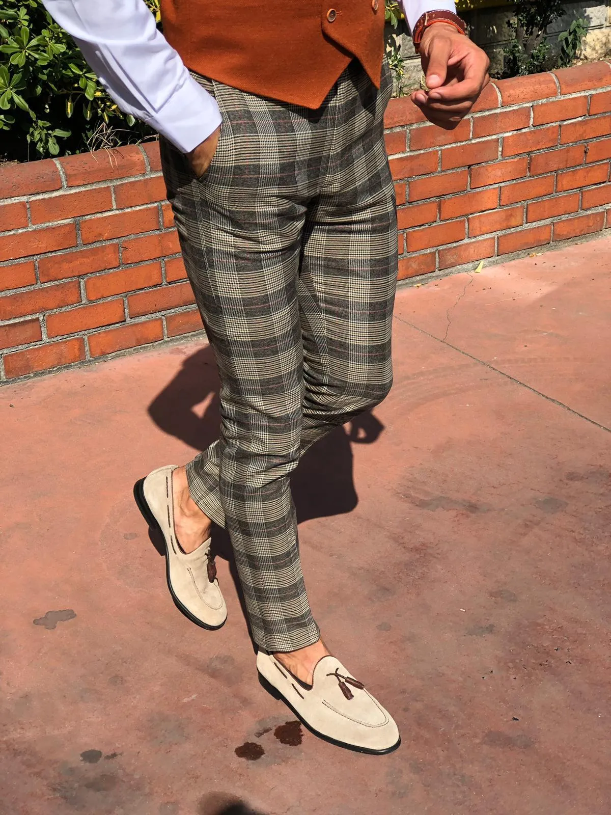 Carlos Slim-fit Plaid Fabric Pants - Camel