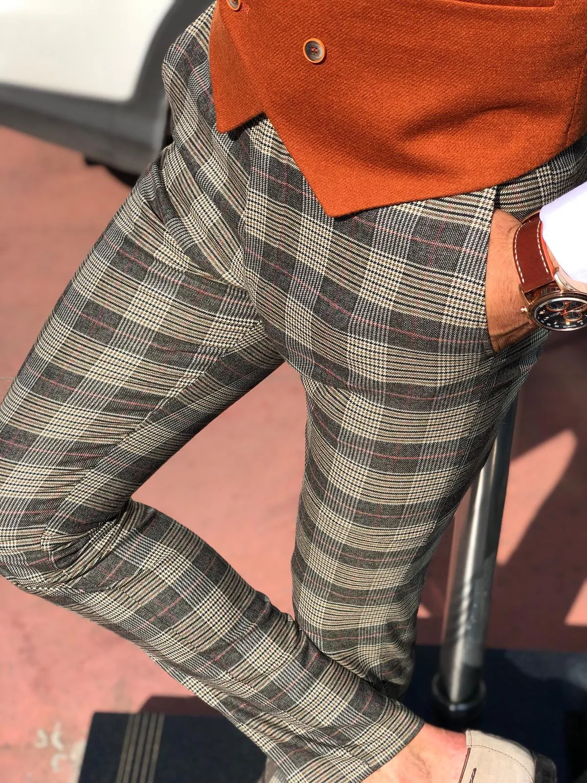 Carlos Slim-fit Plaid Fabric Pants - Camel