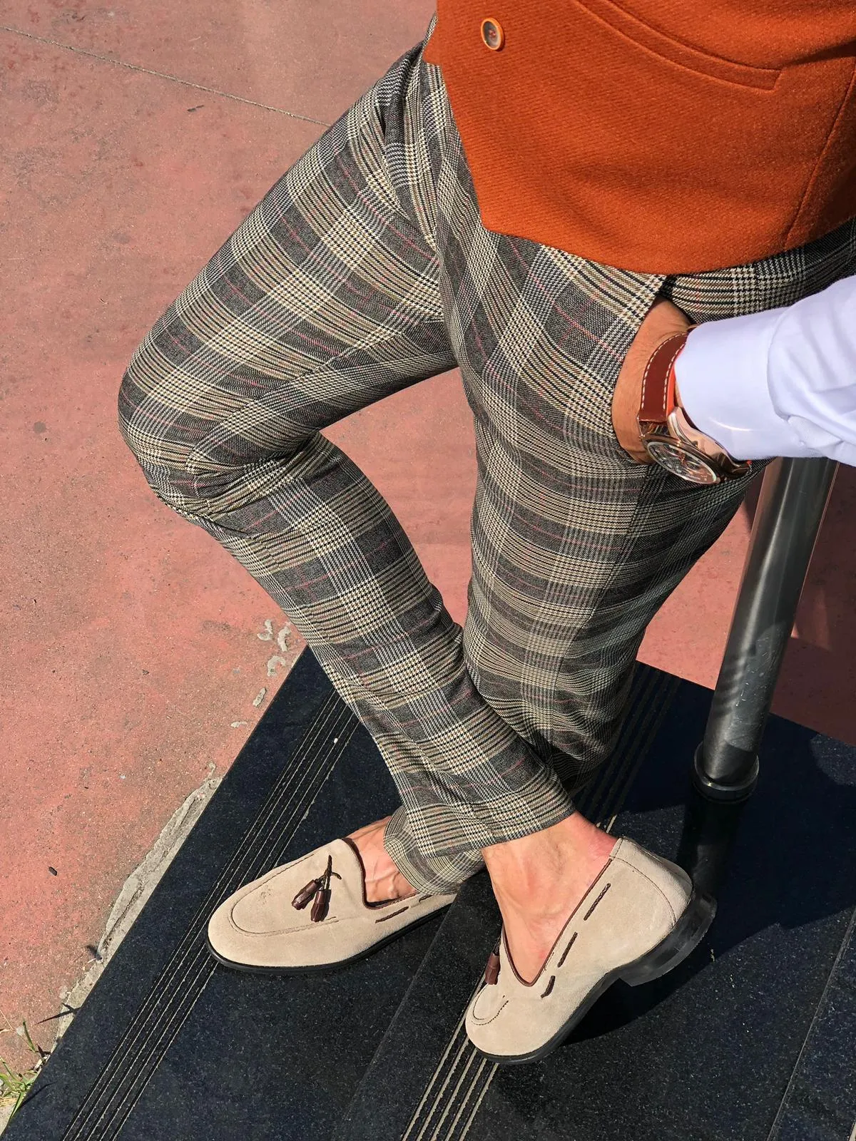 Carlos Slim-fit Plaid Fabric Pants - Camel