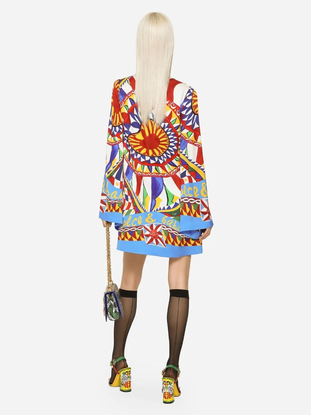 Carretto-Print Short Silk Dress