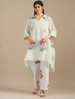 Cool White Sugar Swizzle Handwoven Chanderi Silk Kurta With Floral Cotton Pants