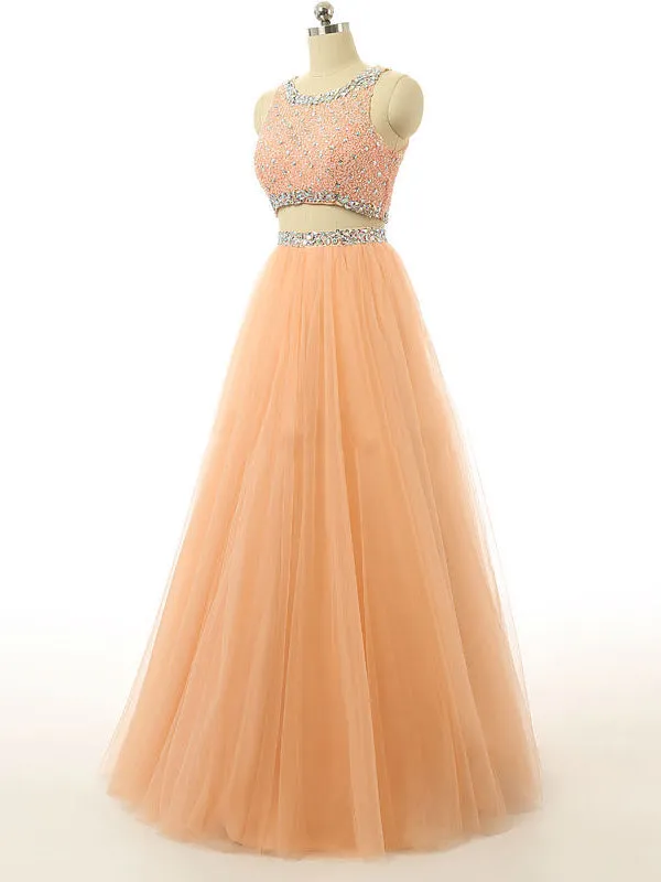 Coral Two Piece Scoop Prom Dress