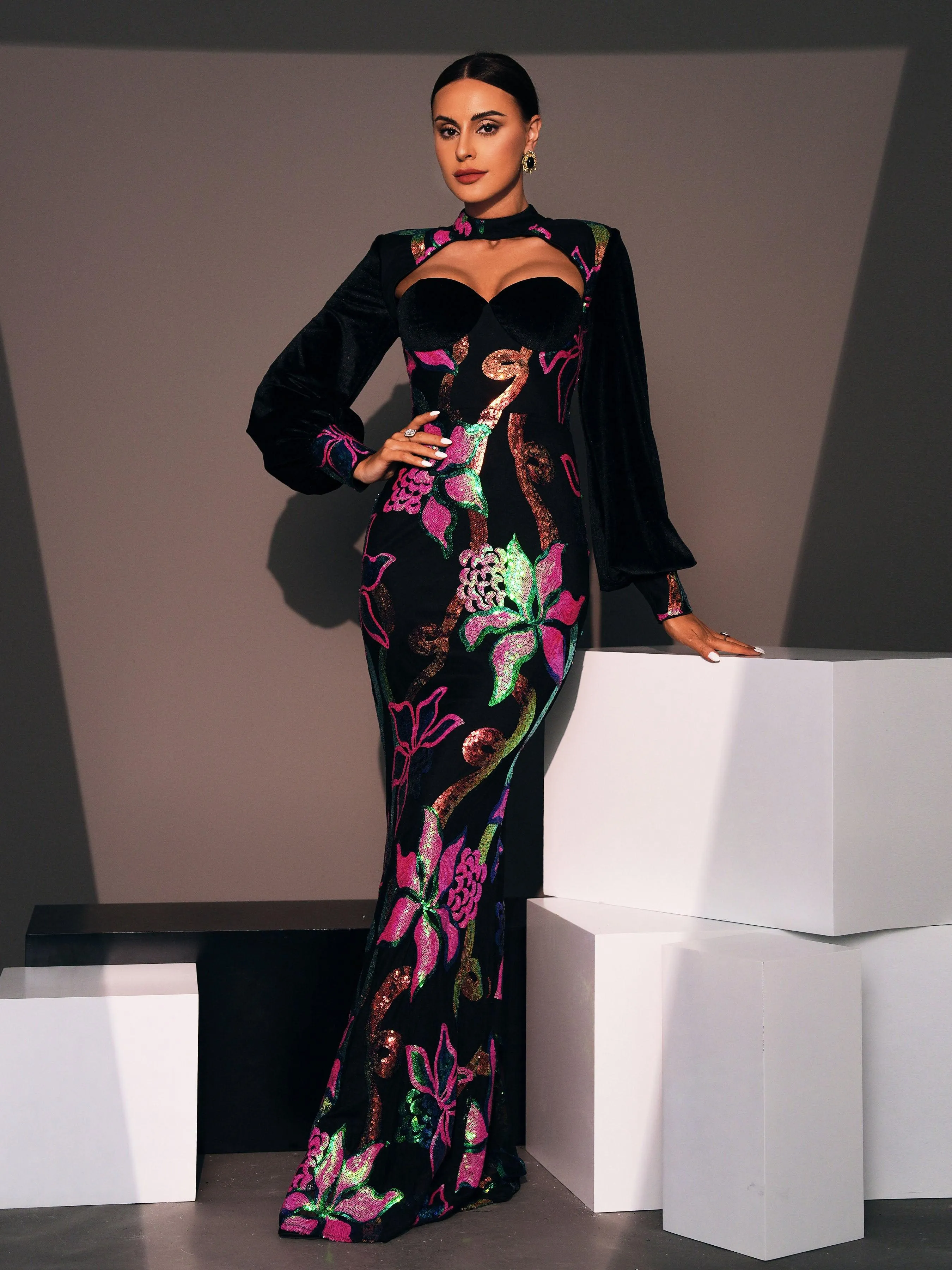 Cutout Lantern Sleeve Mermaid Dress RJ11296