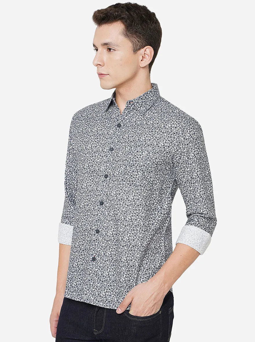Dark Grey Printed Slim Fit Semi Casual Shirt | Greenfibre