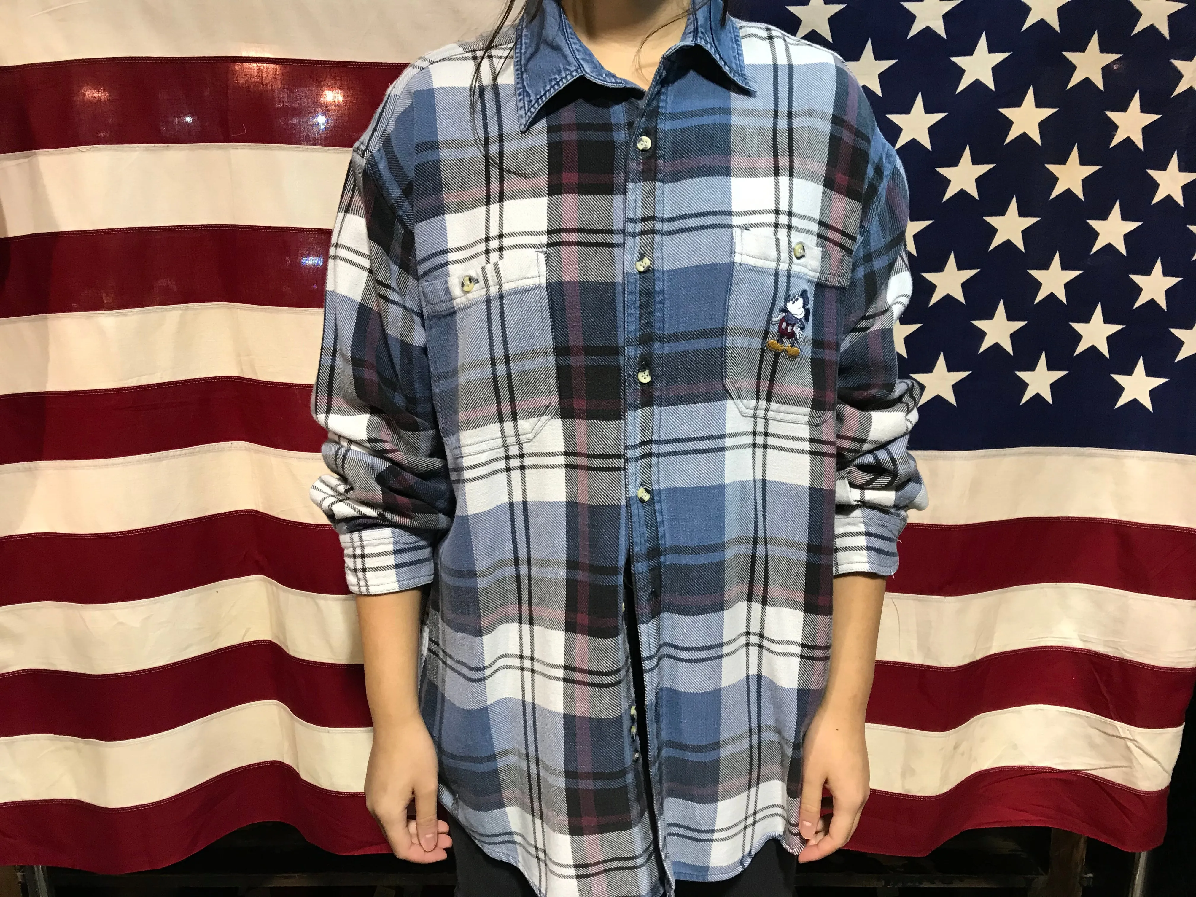 Disney 90’s Vintage Check Flannel Long Sleeve Mens Shirt