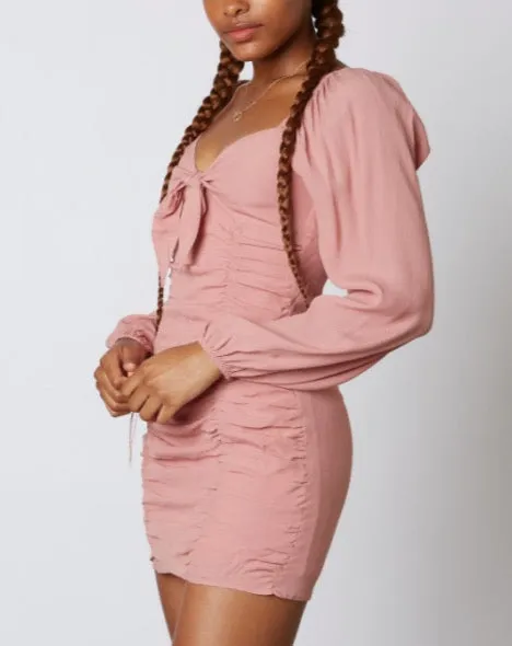 Double Ruch Tie Peasant Sleeve Mini Dress