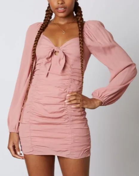 Double Ruch Tie Peasant Sleeve Mini Dress